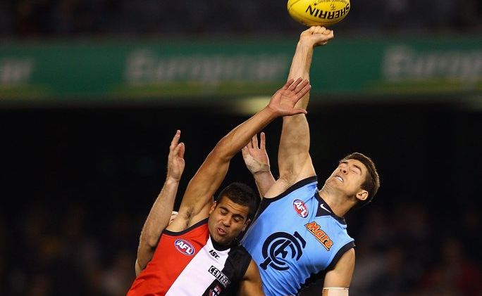 Jordan Russell of the Blues spoils a mark by Ahmed Saad of the Saints during the round seven AFL match between the St Kilda Saints and the Carlton Blues at Etihad Stadium. Jordan Russell of the Blues spoils a mark by Ahmed Saad of the Saints during the round seven AFL match between the St Kilda Saints and the Carlton Blues at Etihad Stadium.